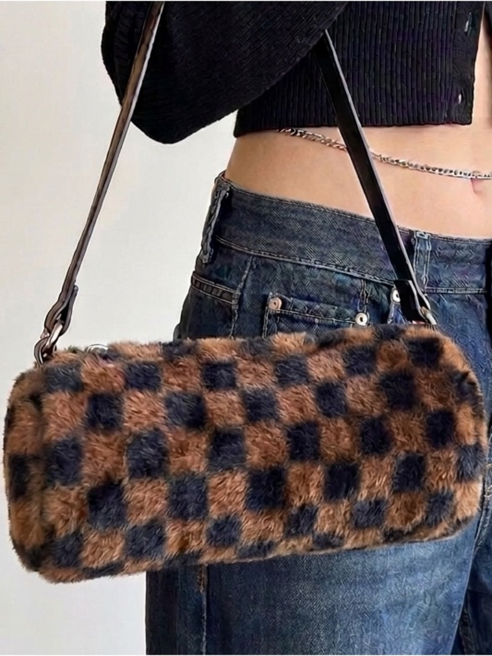 Like Dreams Brown Black Checkerboard Faux Fur Cylinder Shoulder Bag Y2K